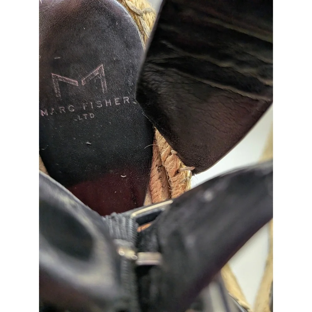 Marc Fisher LTD Adalyn Black Leather Espadrille Wedge Sandals Womens 7M